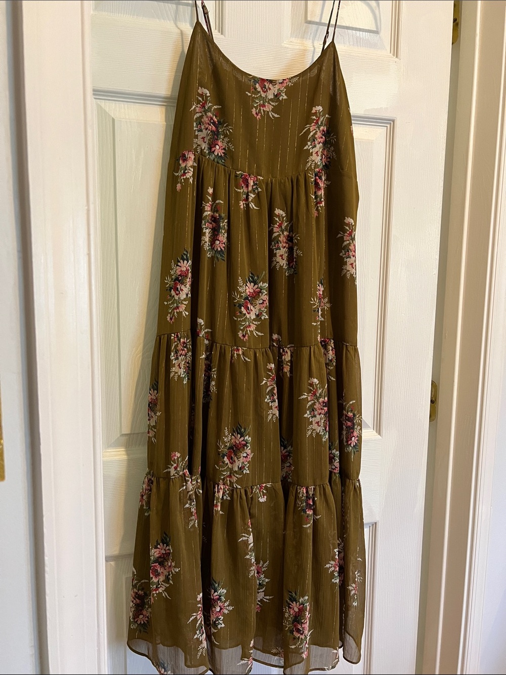 Madewell Olive Green Floral Tiered Midi Dress